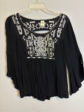 Bila Black Tunic Top with White Embroidery